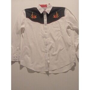 ELY COUNTRY CHARMERS  womens‎ L BLAZE WHITE western shirt pearlized snaps EUC